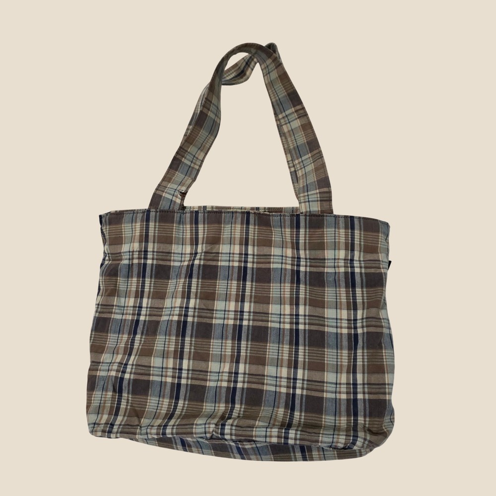 Y2k Old Navy Womens Tote Bag Brown Plaid Canvas Casual Shoulder Bag Preppy